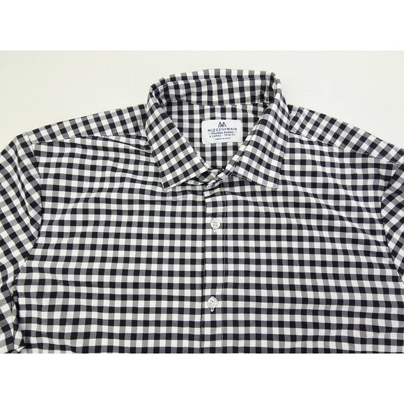 Mizzen Main Sz XL Trim Fit Mens Black White Check Spread Collar Polyester Shirt - Picture 9 of 9